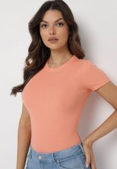 Pomarańczowy Bawełniany T-shirt Elastyczny Lireanne. Brązowe t-shirty damskie Born2be, l, bez wzorów, z bawełny, bez kołnierzyka, bez ramiączek. Za 29.99 zł.