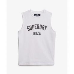 Damski tank top Superdry. Białe topy damskie Superdry, bez wzorów, bez kołnierzyka, bez ramiączek. W wyprzedaży za 125.25 zł.