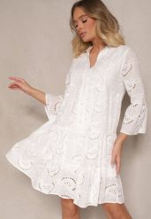 Biała Haftowana Sukienka Boho z Bawełny o Rozkloszowanym Kroju Helavira. Białe sukienki damskie Renee, na co dzień, na lato, m, bez wzorów, z bawełny, boho, bez kołnierzyka, bez ramiączek, mini, rozkloszowane. Za 89.99 zł.