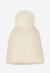Biała Czapka Ozdobiona Pomponem z Prążkowanego Materiału Berida. Białe czapki damskie Born2be, bez wzorów, prążkowane, eleganckie. Za 39.99 zł.