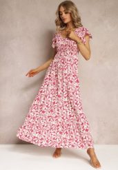 Różowa Rozkloszowana Sukienka z Wiskozy w Kwiaty Ghedjed. Czerwone sukienki damskie Renee, na imprezę, m, z aplikacjami, z materiału, bez kołnierzyka, bez ramiączek, maxi, rozkloszowane. Za 89.99 zł.
