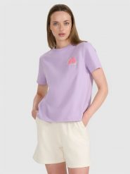 4F T-shirt oversize z nadrukiem damski - fioletowy L. Fioletowe t-shirty damskie 4F, l, bez wzorów, z bawełny, klasyczne, bez kołnierzyka, bez ramiączek. W wyprzedaży za 39.99 zł.