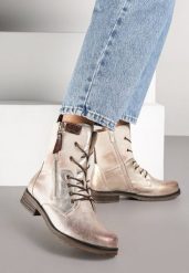 Złote Botki w Stylu Vintage ze Sznurowaniem Vemlora. Żółte botki damskie Renee, bez wzorów, z jeansu, rockowe, bez obcasa, na płaskiej podeszwie, bez zapięcia. Za 129.99 zł.