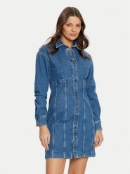 Guess Sukienka jeansowa W5RK99 D4H71 Niebieski Regular Fit. Niebieskie sukienki damskie Guess, xl, z aplikacjami, z bawełny, bez kołnierzyka, bez ramiączek. Za 399.99 zł.