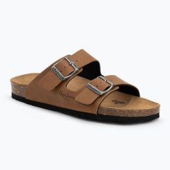 Klapki damskie Pepe Jeans Oban Classic 1. Brązowe klapki damskie Pepe Jeans, bez wzorów, z jeansu, sportowe, bez obcasa, bez zapięcia. Za 234.40 zł.