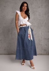 Granatowa Bawełniana Spódnica Jeansowa o Rozkloszowanym Kroju z Ozdobnym Paskiem Eatiane. Niebieskie spódnice damskie Renee, l, bez wzorów, z bawełny, klasyczne, midi, rozkloszowane. Za 179.99 zł.