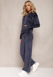 Granatowy Welurowy Komplet Dresowy z Bluzą i Szerokimi Spodniami Anelivs. Niebieskie bluzy damskie Renee, l, bez wzorów, z dresówki, bez ramiączek, z kapturem. Za 89.99 zł.