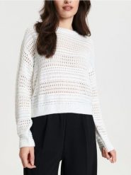 Sweter ażurowy - kremowy. Białe swetry nierozpinane damskie Sinsay, l, w ażurowe wzory, bez kołnierzyka, bez ramiączek. Za 59.99 zł.