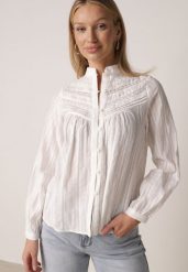 Biała Bawełniana Rustykalna Koszula ze Stójką i Koronkowymi Wstawkami Felielia. Białe koszule damskie Born2be, l, bez wzorów, z bawełny, eleganckie, bez kołnierzyka, bez ramiączek. Za 129.99 zł.