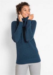 Sweter z golfem z troczkami. Niebieskie swetry nierozpinane damskie bonprix, z aplikacjami, ze skóry, bez kołnierzyka, bez ramiączek. Za 124.99 zł.