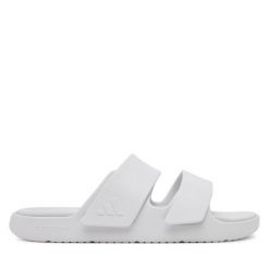 Klapki adidas. Białe klapki damskie Adidas, bez wzorów, sportowe, bez obcasa, bez zapięcia. Za 159.99 zł.
