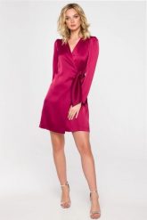 Sukienka satynowa kopertowa mini z wiązaniem w talii bordowa. Czerwone sukienki damskie Sukienki.shop, na imprezę, xl, bez wzorów, z satyny, wizytowe, bez kołnierzyka, bez ramiączek, mini, kopertowe. W wyprzedaży za 286.00 zł.