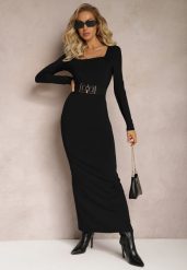 Czarna Dopasowana Sukienka Maxi z Kwadratowym Dekoltem Fioral. Czarne sukienki damskie Renee, bez wzorów, bez kołnierzyka, bez ramiączek, maxi, dopasowane. Za 109.99 zł.
