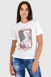 GUESS Biały t-shirt damski z nadrukiem. Białe t-shirty damskie Guess, s, z aplikacjami, z bawełny, bez kołnierzyka, bez ramiączek. W wyprzedaży za 129.99 zł.
