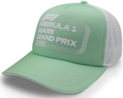 Czapka F1 Miami Grand Prix pistacjowo-pastelowa. Fioletowe czapki damskie Erima, na lato, bez wzorów, z materiału, eleganckie. Za 184.99 zł.
