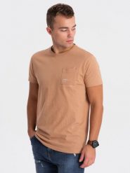 Bawełniany męski t-shirt z nadrukiem na kieszonce – jasnobrązowy V7 OM-TSPT-0154 - XXL. Brązowe t-shirty męskie Ombre Clothing, l, bez wzorów, z bawełny, bez kołnierzyka, bez ramiączek. Za 89.99 zł.