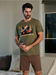 Piżama dwuczęściowa - khaki. Brązowe piżamy męskie Sinsay, l, bez wzorów, bez kołnierzyka, bez ramiączek, krótkie. Za 39.99 zł.