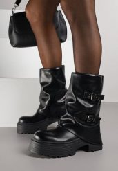 Czarne Botki Biker Vices z Wywiniętą Cholewką Platformą i Klamrami Reinila. Czarne botki damskie Renee, bez wzorów, z jeansu, rockowe, bez obcasa, na platformie, bez zapięcia. Za 139.99 zł.