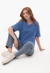 Gładki t-shirt, Comfort Fit, T-RODOS. Niebieskie t-shirty damskie Volcano, l, z aplikacjami, z bawełny, bez kołnierzyka, bez ramiączek. Za 59.99 zł.