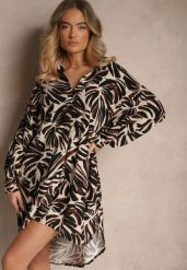 Czarna Koszulowa Sukienka z Wiskozy z Lnem i Liściastym Wzorem Kariona. Czarne sukienki damskie Renee, na co dzień, na lato, bez wzorów, z wiskozy, eleganckie, bez kołnierzyka, bez ramiączek, mini, koszulowe. Za 69.99 zł.