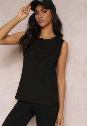 Czarny Top z Gładkiej Tkaniny Kamena. Czarne topy damskie Renee, bez wzorów, z tkaniny, klasyczne, bez kołnierzyka, bez ramiączek. Za 29.99 zł.