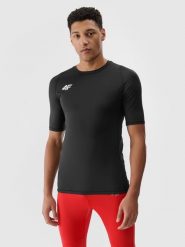 4F Koszulka treningowa szybkoschnąca męska - czarna S. Czarne t-shirty męskie 4F, m, bez wzorów, z dzianiny, bez kołnierzyka, bez ramiączek. W wyprzedaży za 44.99 zł.