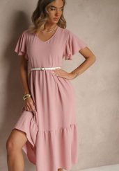 Różowa Rozkloszowana Sukienka z Wiskozą w Casualowym Stylu Filarenna. Czerwone sukienki damskie Renee, na co dzień, l, bez wzorów, z wiskozy, eleganckie, bez kołnierzyka, bez ramiączek, midi, rozkloszowane. Za 54.99 zł.