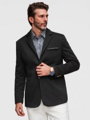 Dzianinowa marynarka męska o dopasowany kroju SLIM FIT - czarna V5. Czarne garnitury męskie Ombre Clothing, m, bez wzorów, z bawełny, biznesowe. Za 379.99 zł.