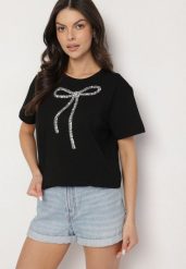 Czarny T-shirt Oversize z Bawełny Zdobiony Kokardą z Cekinów Tenesela. Czarne t-shirty damskie Born2be, m, z aplikacjami, z bawełny, bez kołnierzyka, bez ramiączek. Za 29.99 zł.