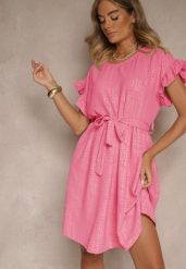 Fuksjowa Sukienka z Paskiem i Falbankami przy Rękawach Folunelle. Czerwone sukienki damskie Renee, na co dzień, bez wzorów, eleganckie, bez kołnierzyka, bez ramiączek, mini. Za 59.99 zł.