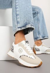 Beżowo-Białe Sneakersy Zdobione Haftem i Zeberkowymi Wstawkami Alinalla. Brązowe obuwie sportowe damskie Born2be, z aplikacjami, z jeansu, bez zapięcia, trekkingowe. Za 99.99 zł.