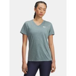 Koszulka fitness damska Under Armour V-Neck krótki rękaw. Niebieskie bluzki damskie Under Armour, bez wzorów, sportowe, bez kołnierzyka, bez ramiączek. Za 139.99 zł.