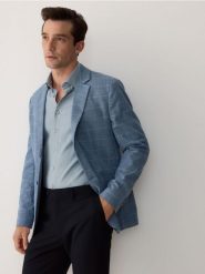 Marynarka slim fit w kratę - niebieski. Niebieskie garnitury męskie Reserved, l, bez wzorów, z tkaniny. W wyprzedaży za 199.99 zł.