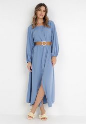 Niebieska Sukienka Dorothoe. Niebieskie sukienki damskie Born2be, na co dzień, l, bez wzorów, z tkaniny, eleganckie, bez kołnierzyka, bez ramiączek, maxi, rozkloszowane. Za 119.99 zł.