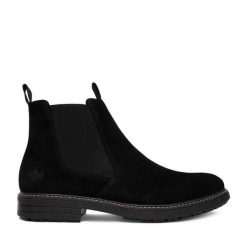 Botki Rieker. Czarne botki męskie Rieker, bez wzorów, bez obcasa, bez zapięcia. Za 439.99 zł.
