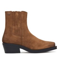 Botki Tommy Jeans. Brązowe botki damskie Tommy Jeans, bez wzorów, z jeansu, bez obcasa, na płaskiej podeszwie, bez zapięcia. Za 649.99 zł.
