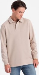 Ombre Bluza męska z kołnierzykiem polo ze strukturalnej dzianiny - beżowa V2 OM-SSNZ-0149 S. Brązowe bluzy męskie Ombre, m, bez wzorów, z dzianiny, bez ramiączek, bez kaptura. Za 169.99 zł.