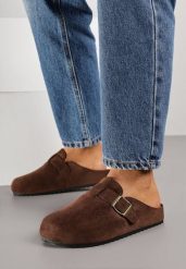 Ciemnobrązowe Klapki Typu Mule z Imitacji Zamszu z Paskiem z Klamerką Anevitta. Brązowe klapki damskie Born2be, bez wzorów, eleganckie, bez obcasa, na płaskiej podeszwie, bez zapięcia. Za 79.99 zł.