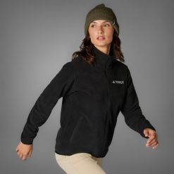 Bluza polarowa Multi Essentials z suwakiem na całej długości. Czarne bluzy damskie Adidas, l, bez wzorów, z materiału, bez ramiączek, bez kaptura. Za 219.00 zł.