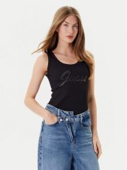 Guess Top W5YP00 KCXJ2 Czarny Regular Fit. Czarne topy damskie Guess, s, z aplikacjami, z syntetyku, bez kołnierzyka, bez ramiączek. Za 169.99 zł.