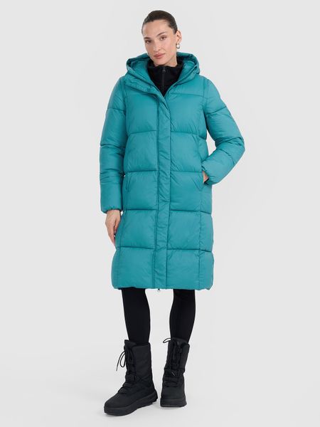 4F Płaszcz puchowy z wypełnieniem syntetycznym damski - turkusowy M. Niebieskie płaszcze damskie 4F, na zimę, m, bez wzorów, z materiału, bez kołnierzyka, bez kaptura. Za 499.99 zł.