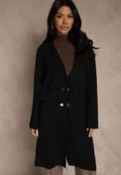 Czarny Płaszcz Dwurzędowy o Długim Kroju w Eleganckim Stylu Saratusa. Czarne płaszcze damskie Renee, bez wzorów, z jeansu, biznesowe, bez kołnierzyka, bez kaptura. Za 139.99 zł.