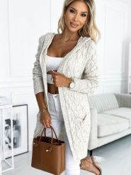 Sweter Kardigan Model 491-1 Beige Warkocz - Numoco. Brązowe kardigany damskie Numoco, plus size, bez wzorów, z elastanu, bez kołnierzyka, plus size. Za 209.40 zł.