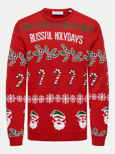 Only & Sons Sweter Xmas 22031171 Czerwony Regular Fit. Czerwone swetry męskie Only & Sons, l, bez wzorów, z syntetyku, bez kołnierzyka, bez ramiączek. Za 109.99 zł.
