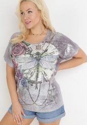 Szara Bluzka z Błyszczącym Nadrukiem i Krótkimi Rękawami Nataloli. Szare bluzki damskie Born2be, m, bez wzorów, bez kołnierzyka, bez ramiączek. Za 39.99 zł.