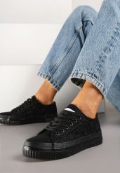 Czarne Klasyczne Trampki z Cholewką z Haftem Meppane. Czarne trampki i tenisówki damskie Renee, z aplikacjami, z jeansu, bez zapięcia. Za 74.99 zł.