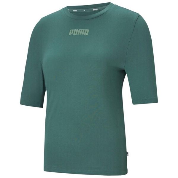 Koszulka damska Puma Modern Basics Tee Cloud zielona. Zielone bluzki damskie Puma, s, bez wzorów, sportowe, bez kołnierzyka, bez ramiączek. Za 69.00 zł.