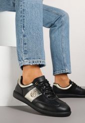 Czarno-Złote Sneakersy Skórzane Typu Kultowe Tenisówki z Metaliczną Aplikacją Ollisena. Czarne trampki i tenisówki damskie Renee, z aplikacjami, z jeansu, bez zapięcia. Za 169.99 zł.