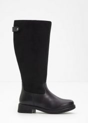 Kozaki z szeroką cholewką. Czarne kozaki damskie bonprix, bez wzorów, z materiału, bez obcasa, bez zapięcia. Za 199.99 zł.