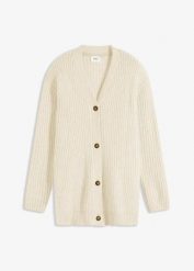 Gruby sweter rozpinany z miękkiej mieszanki wełny. Białe kardigany damskie bonprix, bez wzorów, z wełny, bez kołnierzyka. Za 124.99 zł.